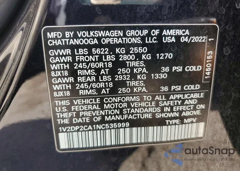 2022 Volkswagen Atlas Se z USA, uszkodzony, nr VIN 1V2DP2CA1NC535999
